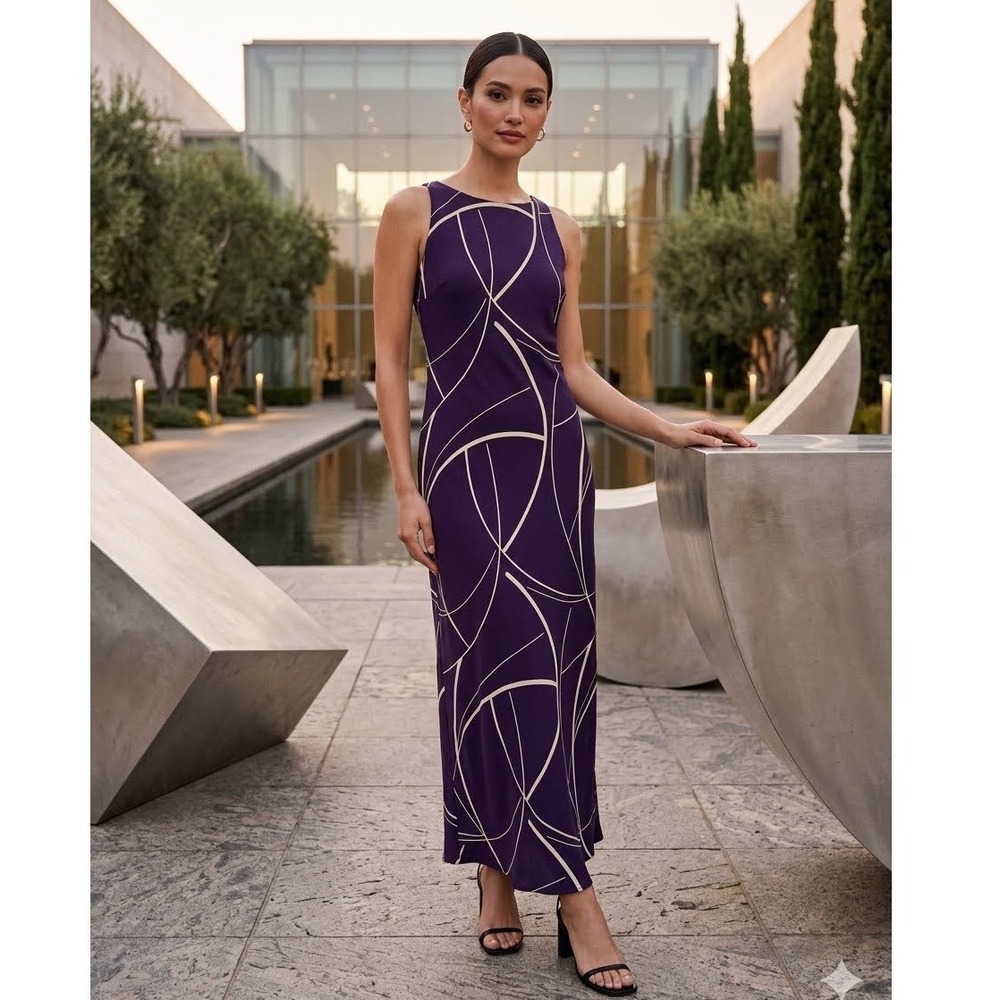S.L. Fashions Purple Geometric Swirl Sleeveless Maxi Dress 165054 Size 10 NWT